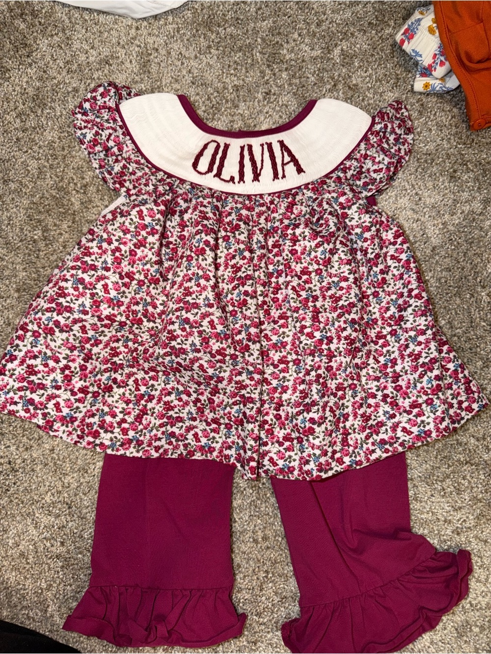 Personalized Olivia Floral Ruffle Kids Matching Set in Burgundy